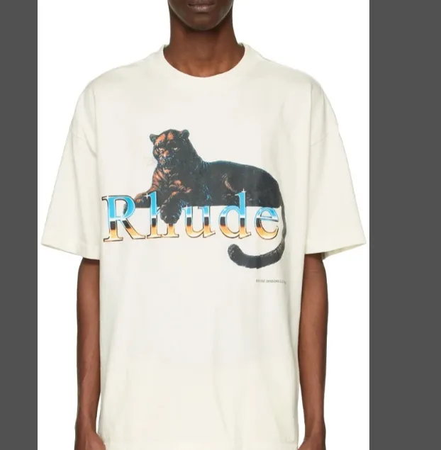 RHUDE 22SS Summer Series Black Panther Letter Gradient Printed Retro Short Sleeve T-shirt in Apricot S M L XL