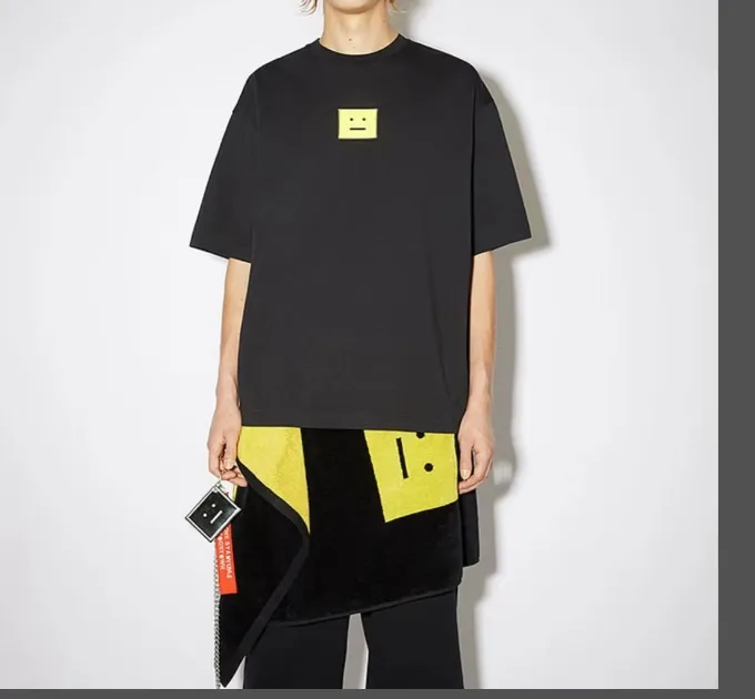 Acne Studios Square Yellow Smiling Embroidered Men's and Women's Short sleeved T-shirt Black White S-XL