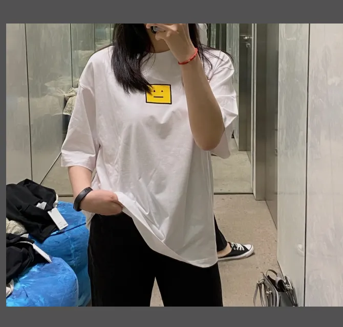 Acne Studios Square Yellow Smiling Embroidered Men's and Women's Short sleeved T-shirt Black White S-XL