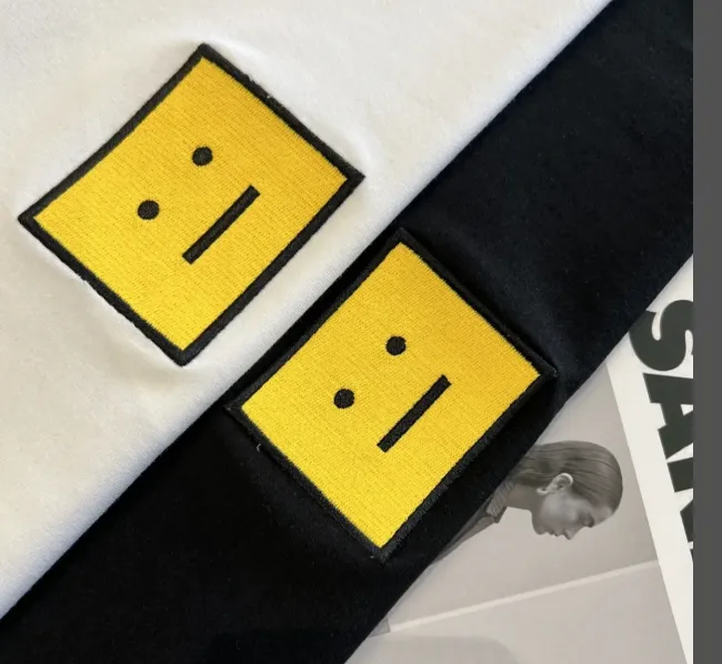 Acne Studios Square Yellow Smiling Embroidered Men's and Women's Short sleeved T-shirt Black White S-XL