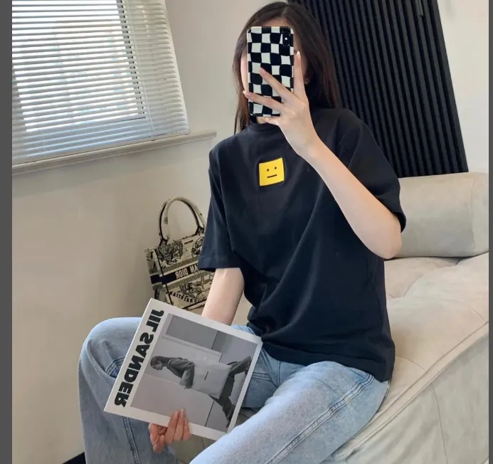 Acne Studios Square Yellow Smiling Embroidered Men's and Women's Short sleeved T-shirt Black White S-XL