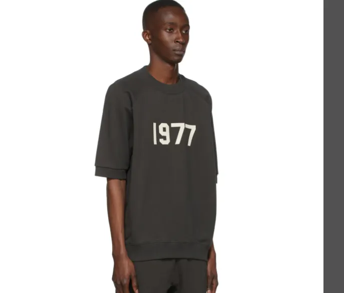 FOG FEAR OF GOD Essentials 22SS 1977 Thick Edition Plush Printed LOGO Woolen Loop High Street Short Sleeve Hoodie Metal Grey S M L XL