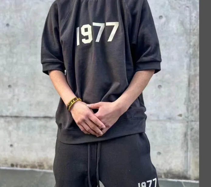 FOG FEAR OF GOD Essentials 22SS 1977 Thick Edition Plush Printed LOGO Woolen Loop High Street Short Sleeve Hoodie Metal Grey S M L XL