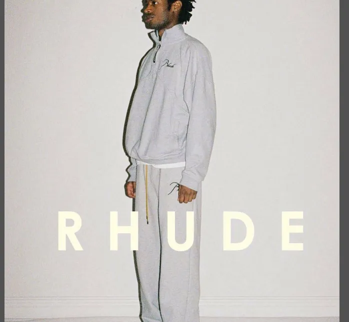 RHUDE Embroidered Slogan Logo Retro Drawstring Long Hair Hoop Pants Apricot Light Blue Flower Grey Black S-XL Size