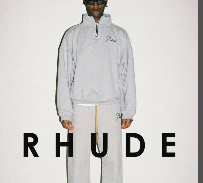 RHUDE Embroidered Slogan Logo Retro Drawstring Long Hair Hoop Pants Apricot Light Blue Flower Grey Black S-XL Size