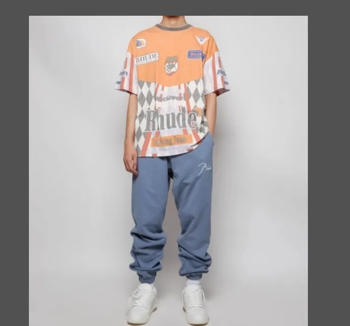 RHUDE Embroidered Slogan Logo Retro Drawstring Long Hair Hoop Pants Apricot Light Blue Flower Grey Black S-XL Size