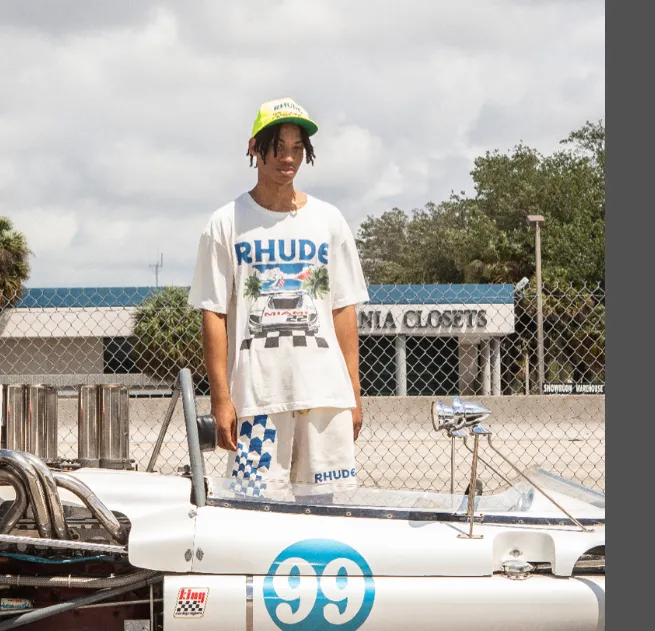 The Webster x RHUDE Formula One Miami Station Limited Edition Theme Printed Short Sleeve T-shirt in Beige S M L XL