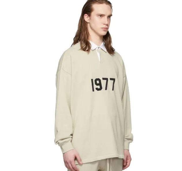 FEAR OF GOD FOG ESSENTIALS Double Line 1977 Digital Plush Printed High Street Polo Long Sleeve Heavy duty Woolen Hoodie Metal Grey Wheat Color S M L XL