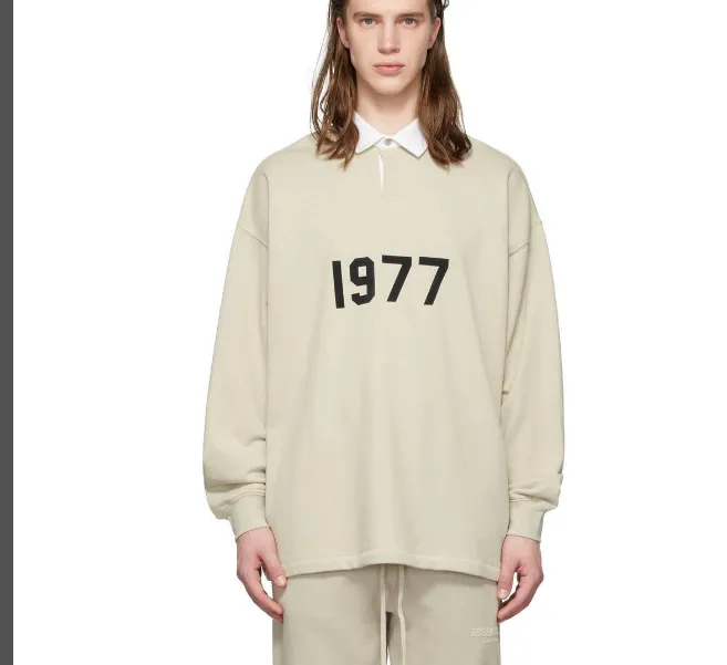 FEAR OF GOD FOG ESSENTIALS Double Line 1977 Digital Plush Printed High Street Polo Long Sleeve Heavy duty Woolen Hoodie Metal Grey Wheat Color S M L XL