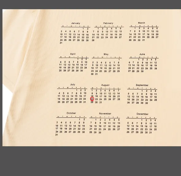 Maison Margiela MM6 Martin Margiela Calendar Printed Short Sleeve T-shirt Apricot Black 46 Size 48 Size 50 Size 52