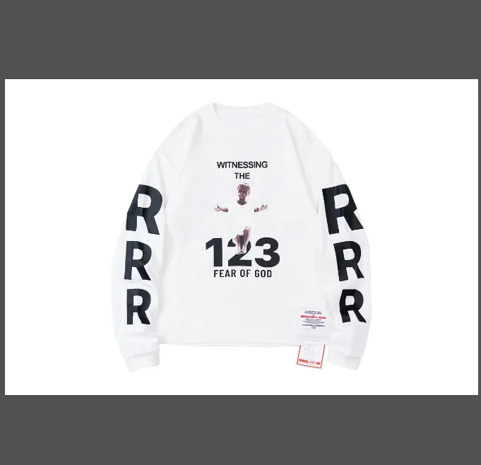 RRR123 X Fear Of God co branded children's portrait letter printed long sleeved T-shirt black and white size 1, size 2, size 3