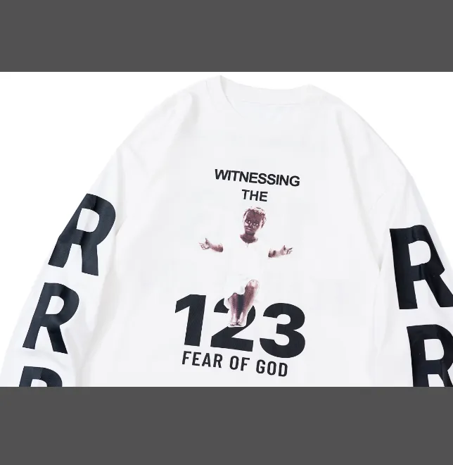 RRR123 X Fear Of God co branded children's portrait letter printed long sleeved T-shirt black and white size 1, size 2, size 3