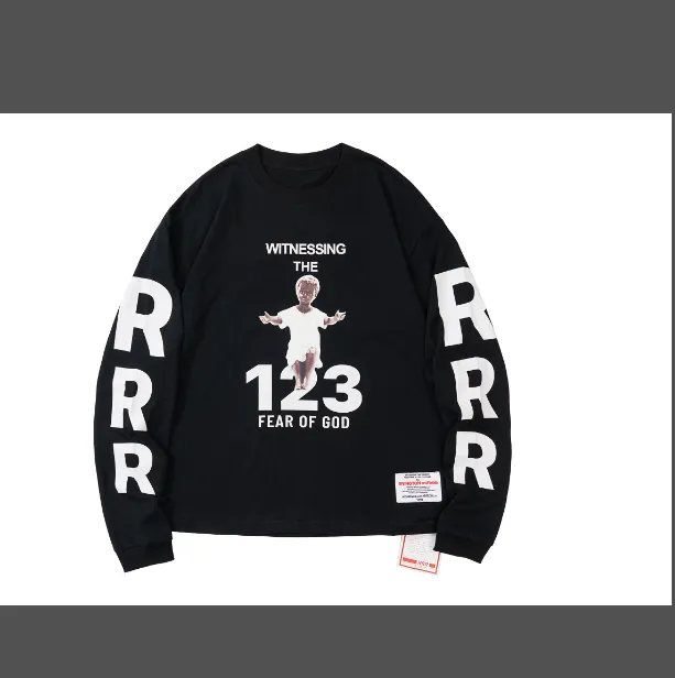 RRR123 X Fear Of God co branded children's portrait letter printed long sleeved T-shirt black and white size 1, size 2, size 3