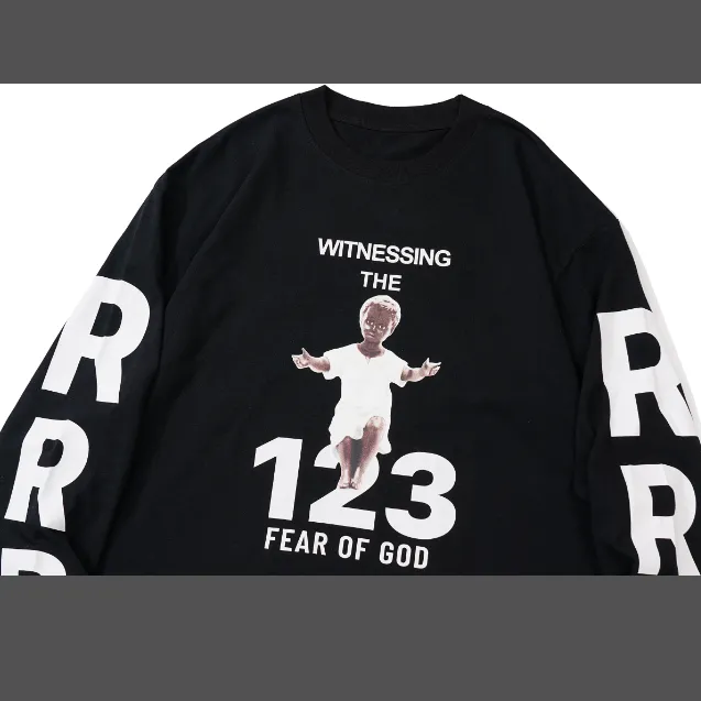 RRR123 X Fear Of God co branded children's portrait letter printed long sleeved T-shirt black and white size 1, size 2, size 3