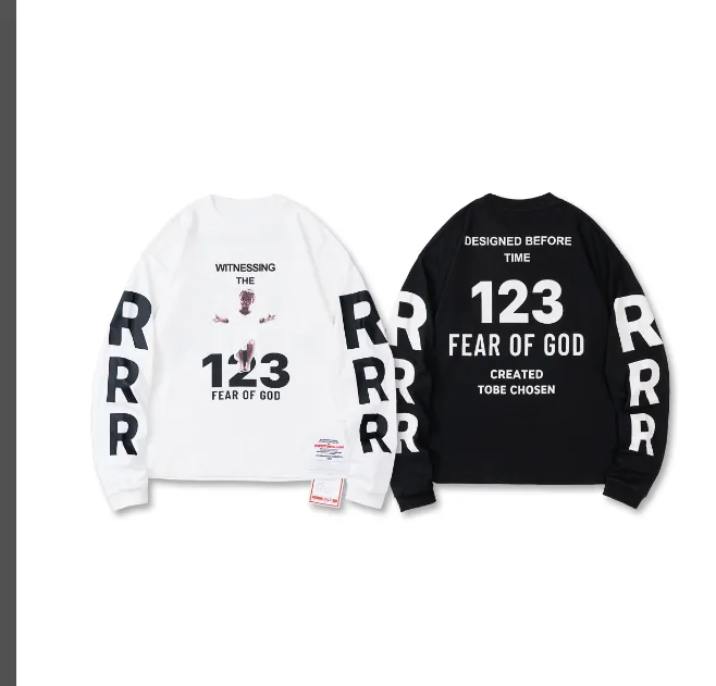 RRR123 X Fear Of God co branded children's portrait letter printed long sleeved T-shirt black and white size 1, size 2, size 3