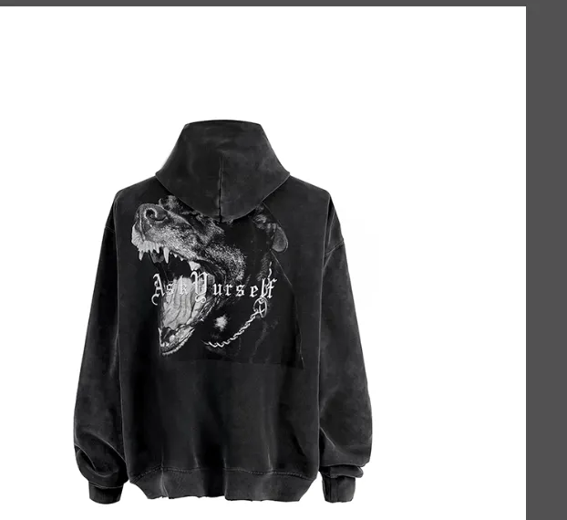 ASK ASKYURSELF Dog Head Printed Fleece Hoodie Black S-XL