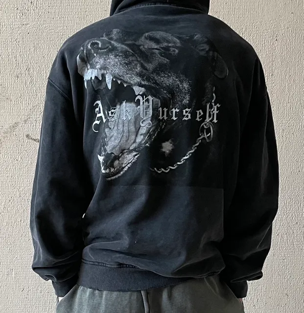 ASK ASKYURSELF Dog Head Printed Fleece Hoodie Black S-XL