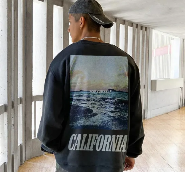 ASK ASKYURSELF 3M Reflective California Landscape Photo Printed Round Neck Hoodie Black Brown S-XL