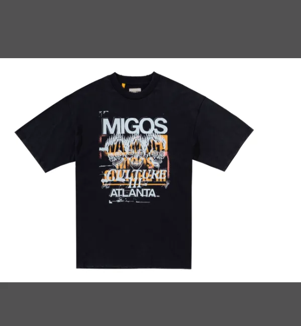 GALLERY DEPT MIGOS limited edition vintage tee, vintage hot stamping, distressed washing, short sleeved t-shirt, washed black, vintage white, S M L XL