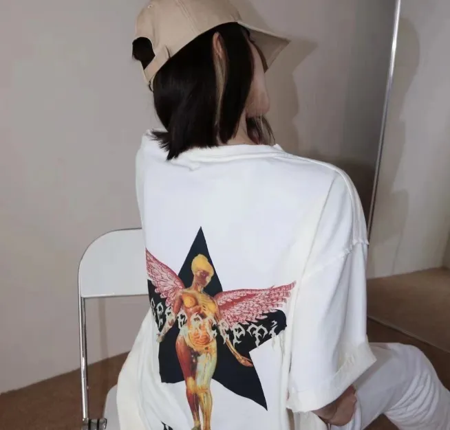 False PERCEPTION Five Star Angel Vintage Washed Printed Cut Short Sleeve T-shirt Apricot S M L XL