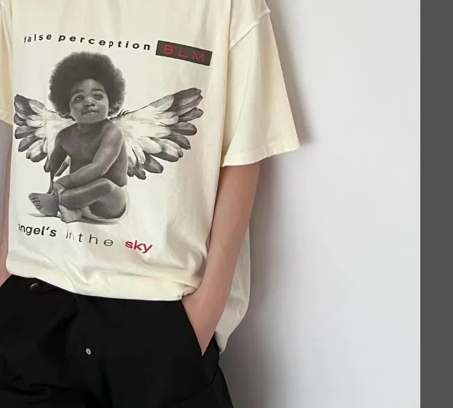 False PERCEPTION NIRVANA Little Angel Vintage Vintage Vintage Band Cover Print Destruction Short Sleeve T-shirt Apricot S M L XL