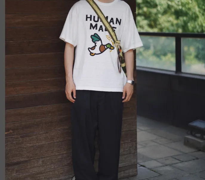 HUMAN MADE Flying Green Duck with Wheat Ears Printed Bamboo Cotton Cylinder Short Sleeve T-shirt Black White S M L XL