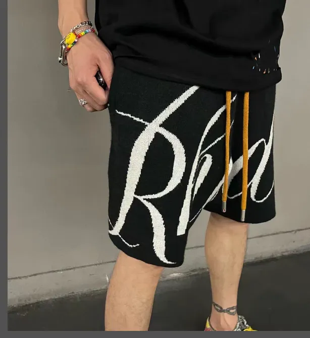 RHUDE letter logo jacquard drawstring yarn high street shorts black S-XL size