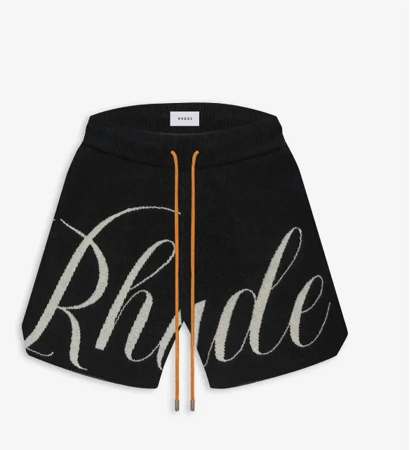 RHUDE letter logo jacquard drawstring yarn high street shorts black S-XL size