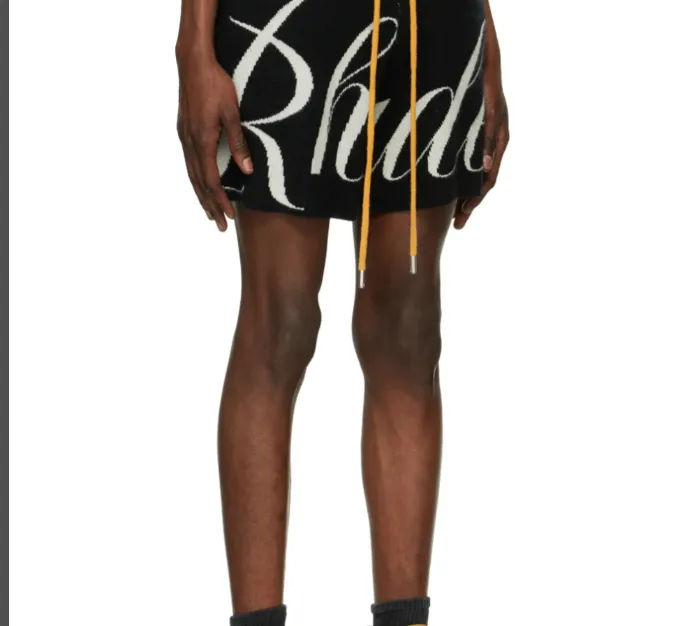 RHUDE letter logo jacquard drawstring yarn high street shorts black S-XL size