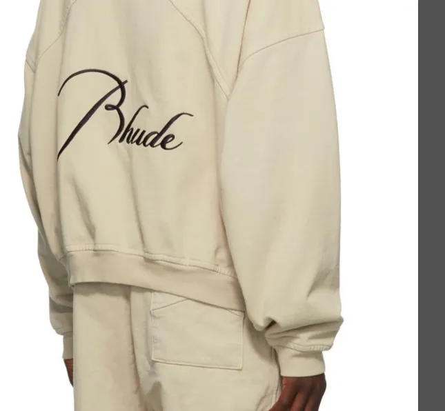 RHUDE Autumn Winter Retro Stand up Collar Half Zipper Logo Embroidered Splicing Hoodie Light Blue Washed Black Apricot Flower Grey SMLXL