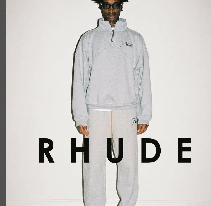 RHUDE Autumn Winter Retro Stand up Collar Half Zipper Logo Embroidered Splicing Hoodie Light Blue Washed Black Apricot Flower Grey SMLXL