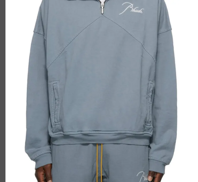 RHUDE Autumn Winter Retro Stand up Collar Half Zipper Logo Embroidered Splicing Hoodie Light Blue Washed Black Apricot Flower Grey SMLXL