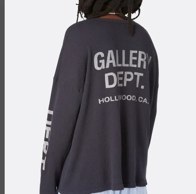 Gallery Department Thermal Waffle Letter Printed Long Sleeve T-shirt in Apricot Black S-XL