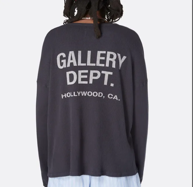 Gallery Department Thermal Waffle Letter Printed Long Sleeve T-shirt in Apricot Black S-XL