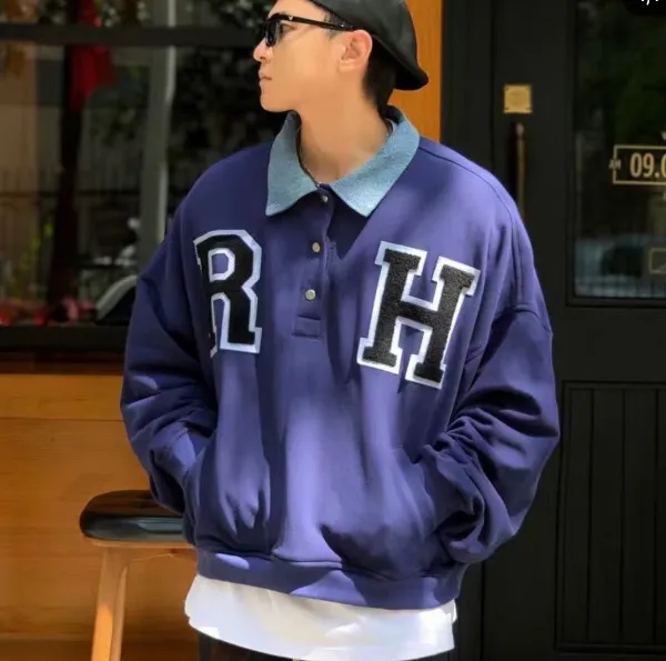 RHUDE letter sticker towel embroidered vintage denim collar patchwork hoodie blue S-XL