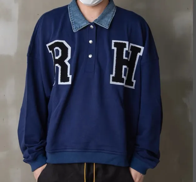 RHUDE letter sticker towel embroidered vintage denim collar patchwork hoodie blue S-XL