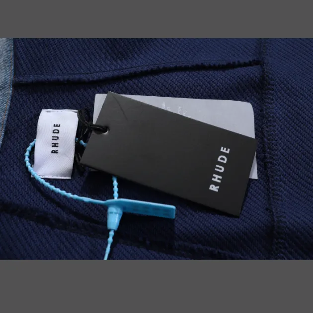 RHUDE letter sticker towel embroidered vintage denim collar patchwork hoodie blue S-XL