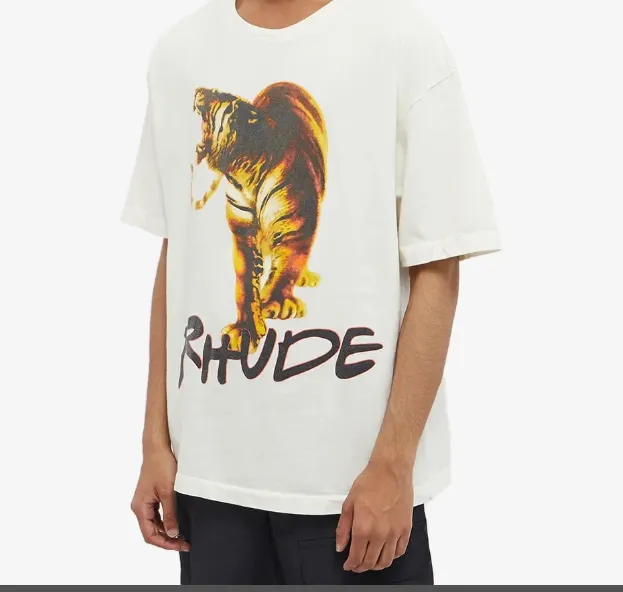 RHUDE 22SS TIGER TEE Retro High Street Style Tiger Printed Short Sleeve T-shirt in Rice White S M L XL