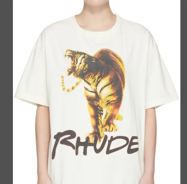 RHUDE 22SS TIGER TEE Retro High Street Style Tiger Printed Short Sleeve T-shirt in Rice White S M L XL