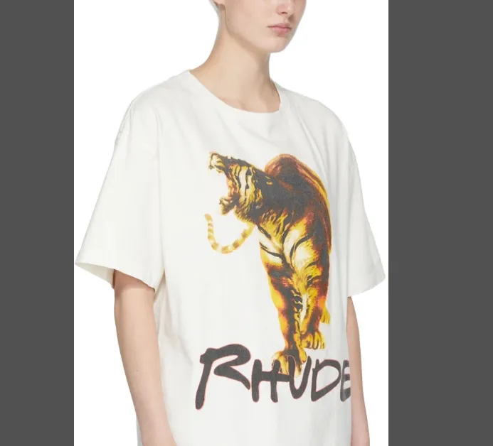 RHUDE 22SS TIGER TEE Retro High Street Style Tiger Printed Short Sleeve T-shirt in Rice White S M L XL