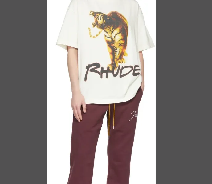 RHUDE 22SS TIGER TEE Retro High Street Style Tiger Printed Short Sleeve T-shirt in Rice White S M L XL