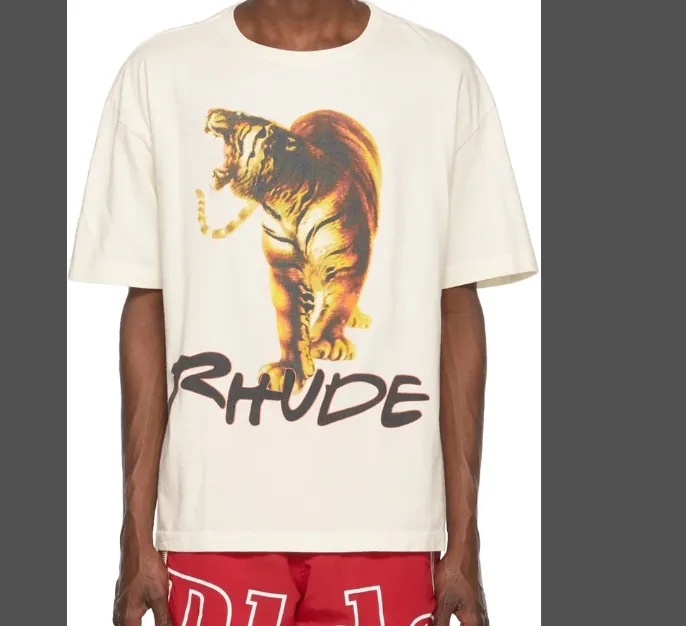 RHUDE 22SS TIGER TEE Retro High Street Style Tiger Printed Short Sleeve T-shirt in Rice White S M L XL