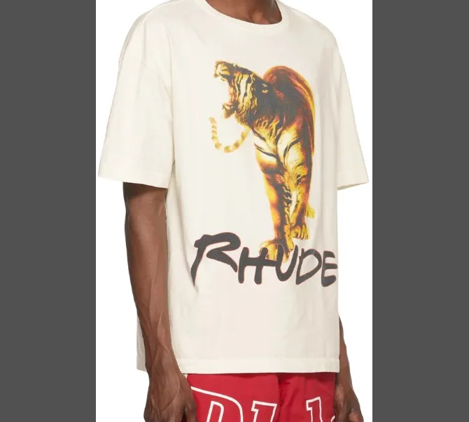 RHUDE 22SS TIGER TEE Retro High Street Style Tiger Printed Short Sleeve T-shirt in Rice White S M L XL