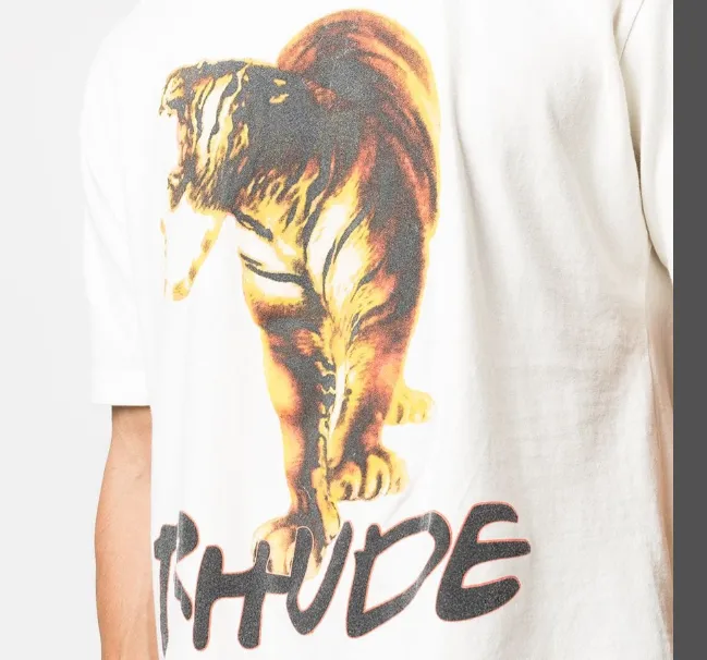 RHUDE 22SS TIGER TEE Retro High Street Style Tiger Printed Short Sleeve T-shirt in Rice White S M L XL