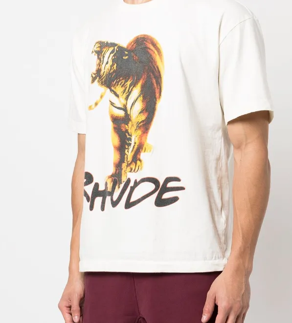 RHUDE 22SS TIGER TEE Retro High Street Style Tiger Printed Short Sleeve T-shirt in Rice White S M L XL