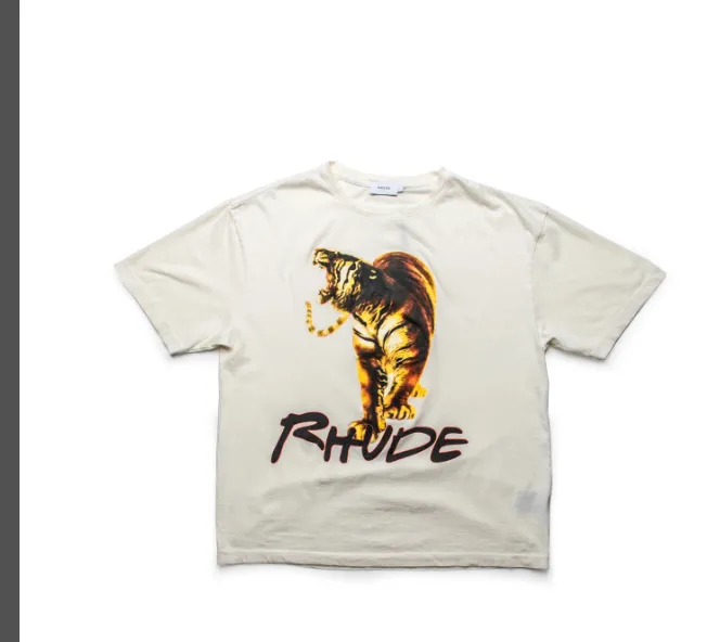 RHUDE 22SS TIGER TEE Retro High Street Style Tiger Printed Short Sleeve T-shirt in Rice White S M L XL