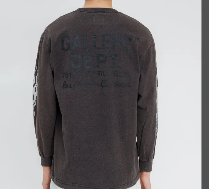 Gallery Depot. Flames Long Sleeve T-shirt Vintage distressed washed black Logo flame printed long sleeved t-shirt washed black S M L XL