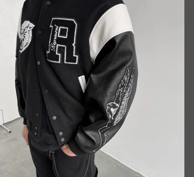 REPRESENT Woolen Leather Sleeve Splicing Logo Embroidered Collar Baseball Jacket Black S-XL Size