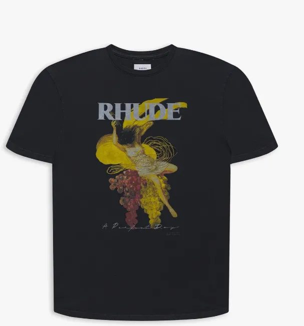 RHUDE Grape Female Character Abstract Painting Printed Short sleeved T-shirt Black S-XL Size