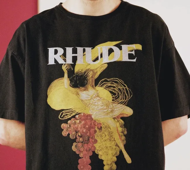 RHUDE Grape Female Character Abstract Painting Printed Short sleeved T-shirt Black S-XL Size